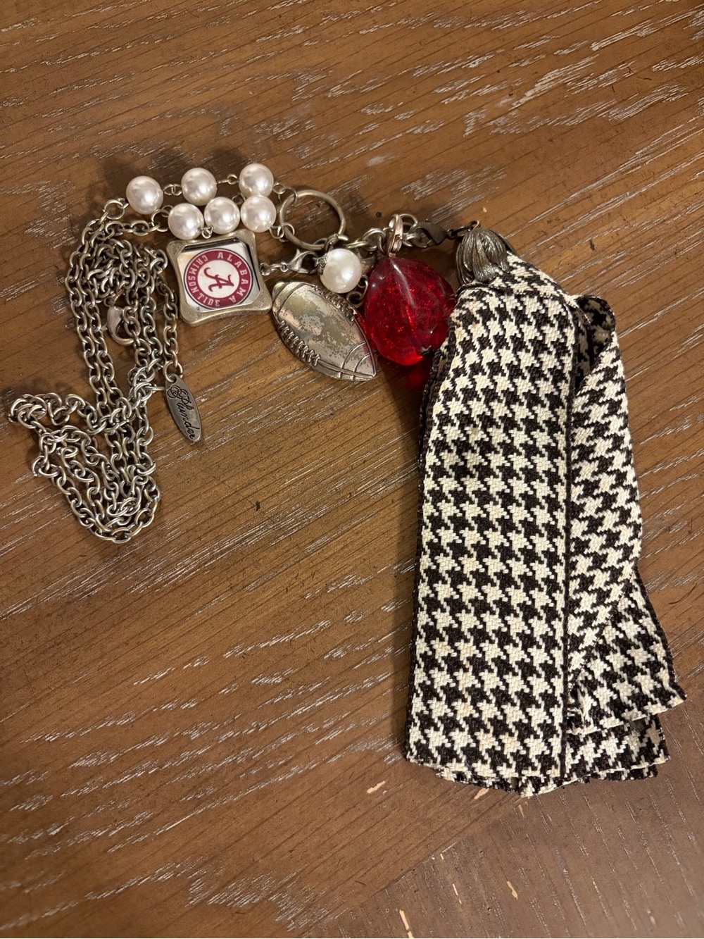 Plunder Black & White Houndstooth Tassel Necklace with Red Glass Accent